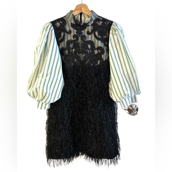 GANNI  Feathery Metallic Balloon Sleeve Minidress In Black,green,white in Sz L - Picture 2 of 7